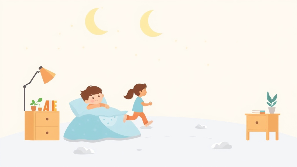 Illustration showing key concepts related to sleep training around the walking milestone