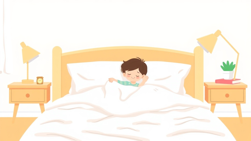 Illustration showing key concepts related to sleep training a toddler in a big kid bed